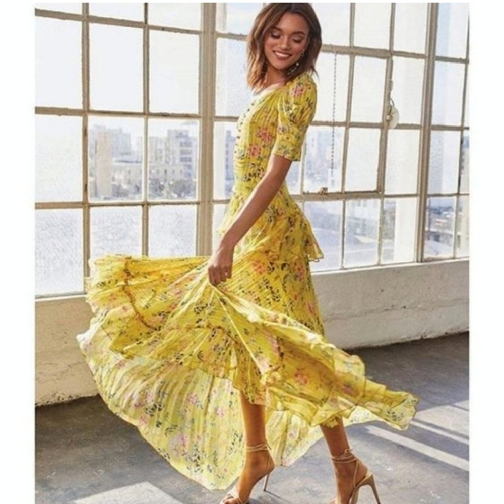 Hemant & Nandita Eden Satin Stripe Asymmetrical Floral Yellow Maxi Dress M